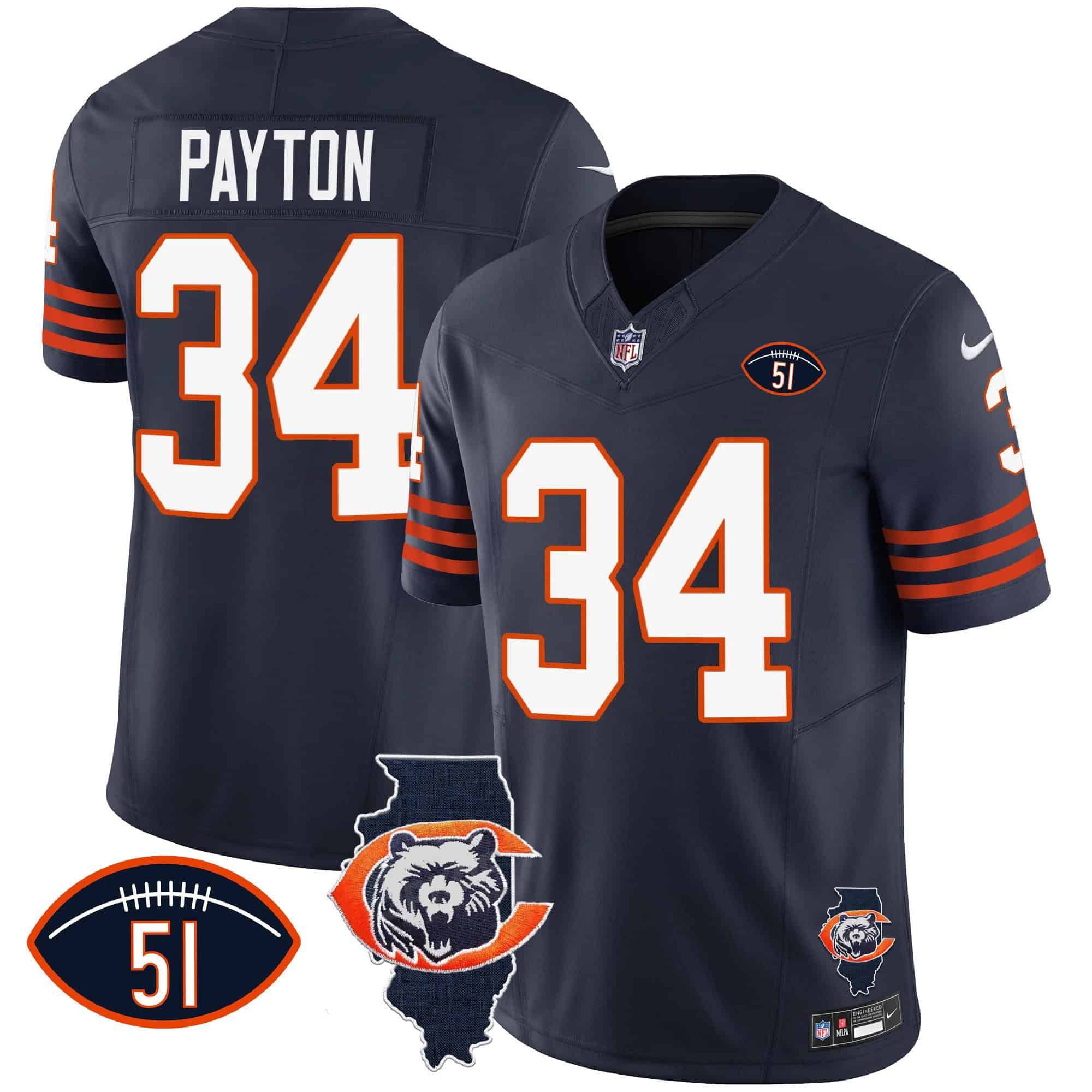 Men Chicago Bears #34 Payton Blue 2024 Nike Throwback Illinois Patch Vapor NFL Jersey style 1